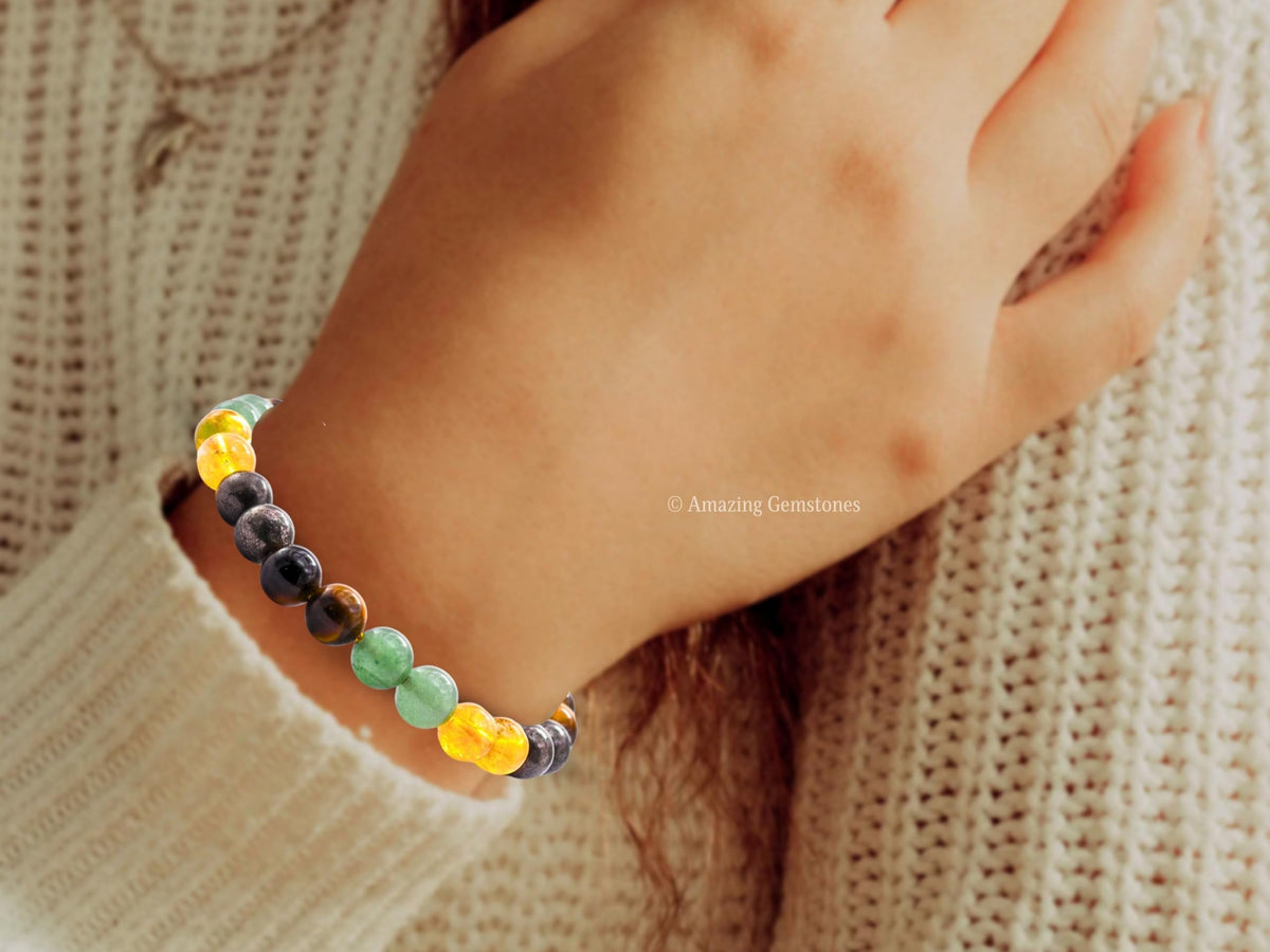 Amazing Gemstone Money Success Pyrite Bracelet - Citrine Quartz, Green Aventurine, Tiger Eye Protection Healing Crystal Bracelet - 8mm Gemstones Beaded Adjustable Bracelet Pulseras Para Hombres Mujer