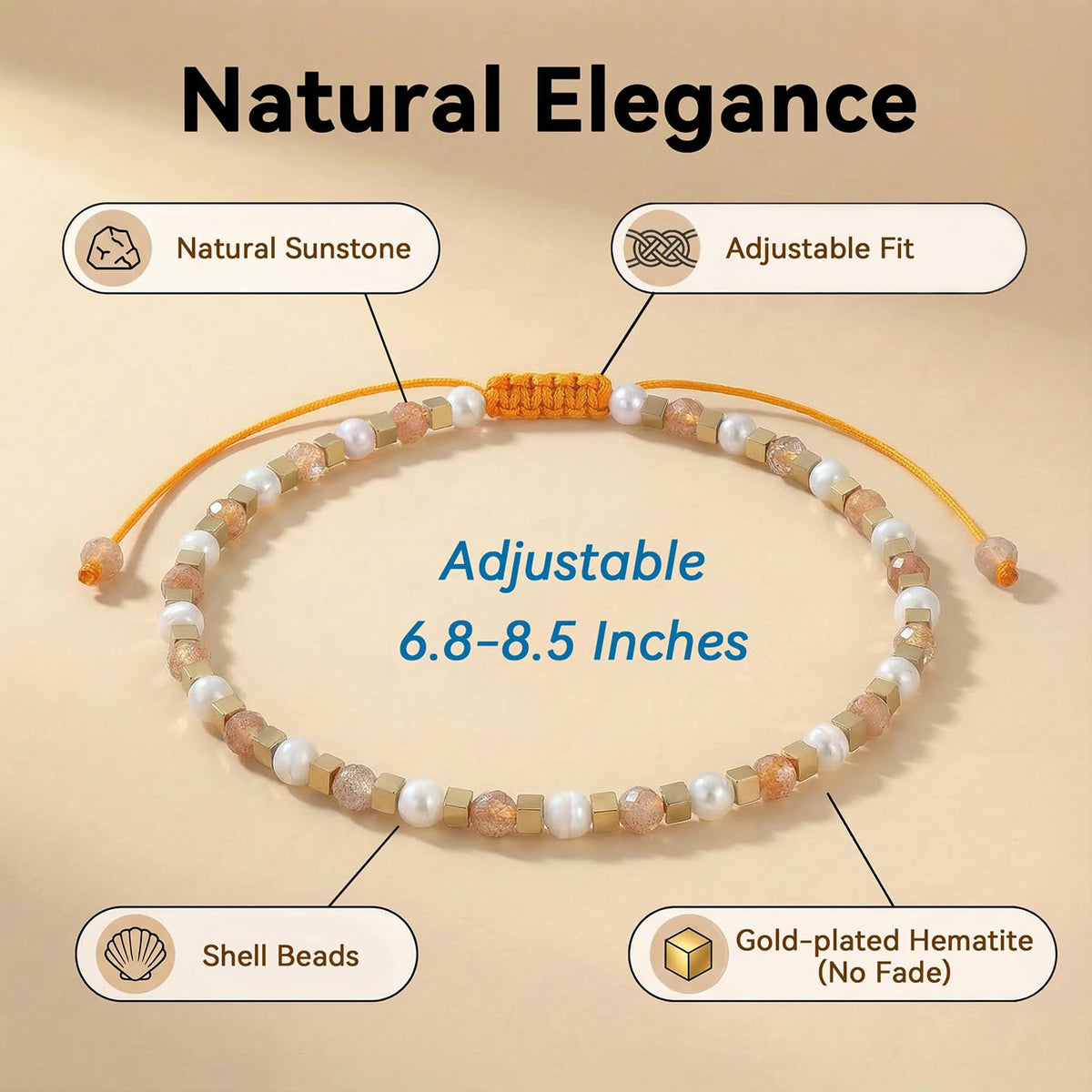 BEADSENER Sunstone Feldspar Adjustable Charming Bracelet for Women, 3mm Natural Shell Gemstone Hematite Stone Beads, Pull String Slider Metal Free Design Waterproof, Gift for Her Daily Wear