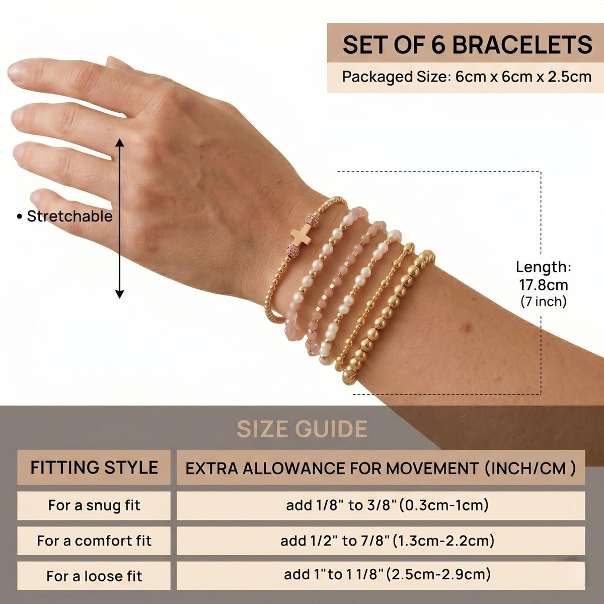NoctisNest 6 Pcs Layered Cross Bracelet for Women, Pink Gold Stackable Pearl Beaded Bracelets for Her Mom Girlfriend, Dainty 14K Gold Plated Bracelet Set for Mothers Day Gifts