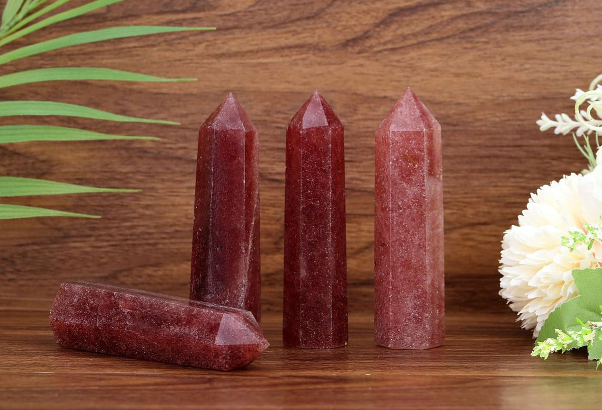 LAIDANLA Strawberry Quartz Healing Crystals Wands 3.5-4" Natural Reiki Energy Wand Stone Hexagonal Point Large Crystal Gemstones for Meditation Therapy Crystal Grid Decoration 1Pcs