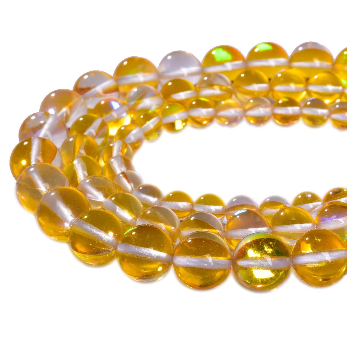 Asingeloo 38PCS 10mm Yellow Angel Aura Beads - Round Gemstone Beads, Polished Mermaid Aura Moonstone, Smooth Stone Loose Beads, Crystal Quartz for DIY Jewelry Making, 1 Strand 15'