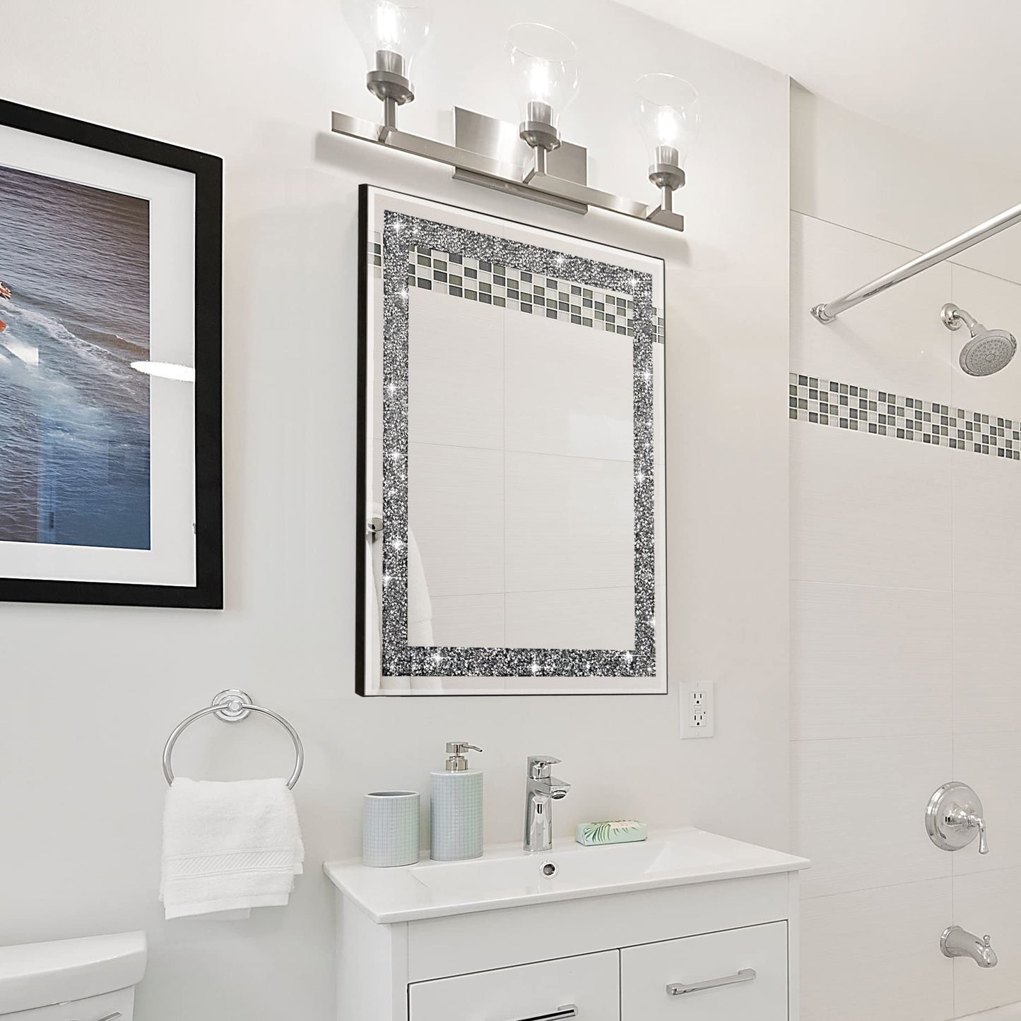 Ruomeng Rectangular Wall Mirror, 16" x 20", Crystal Crush Diamond, Bathroom, Entryway & Bedroom