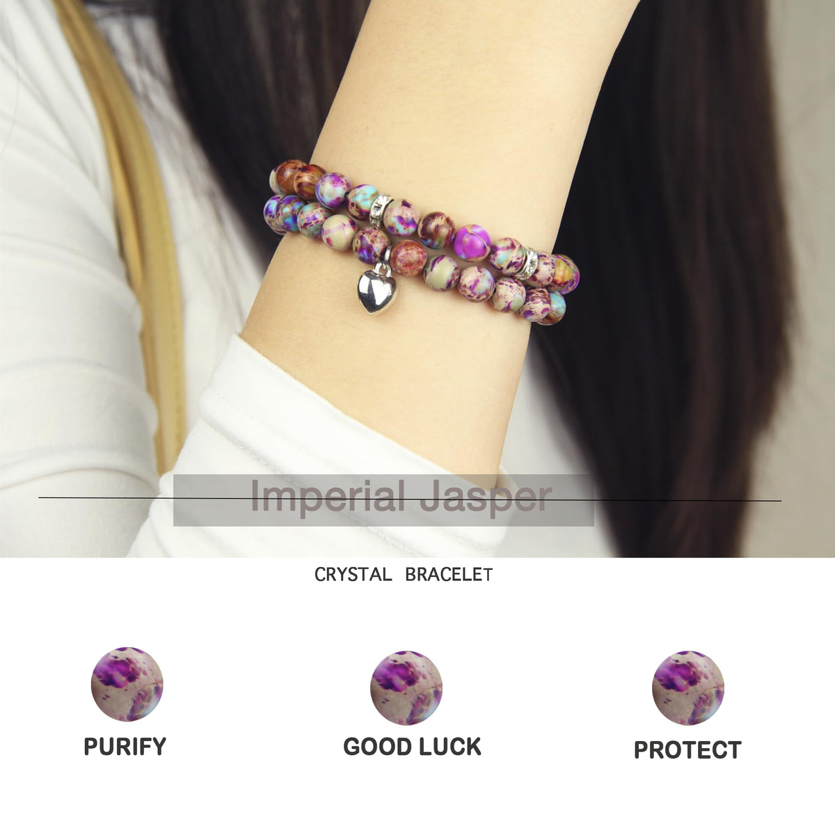 GDLKPYHS Healing Bracelets for Women - Imperial Jasper Bracelet - Healing Prayers Crystal Bracelet, 8mm Natural Stone Stress Relief Yoga Beads Get Well Soon Gifts