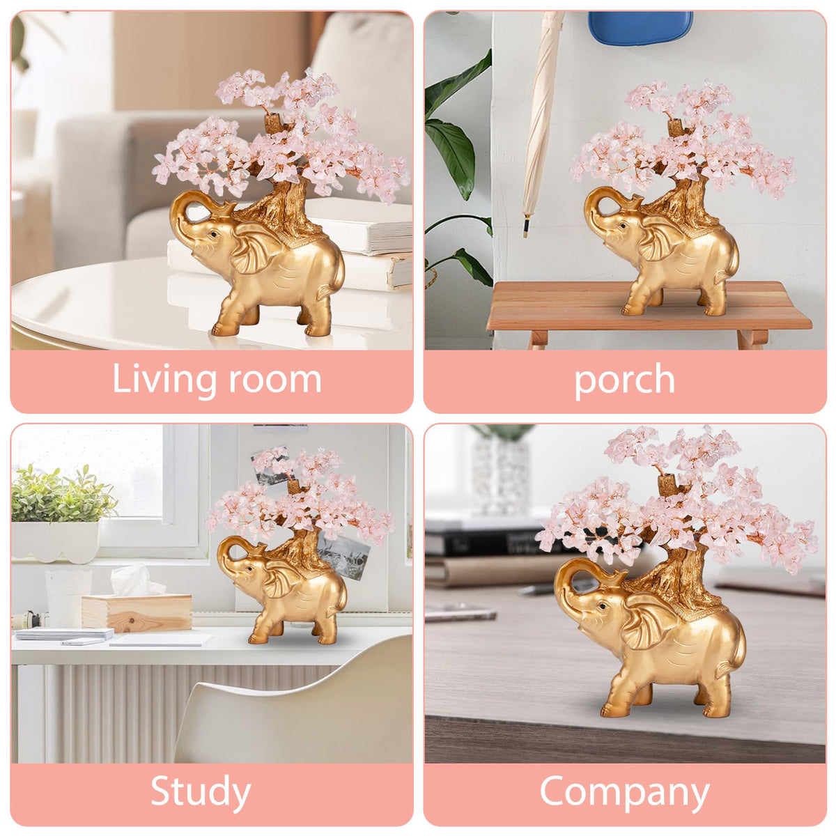 GEMBOURY Rose Quartz Crystal Money Tree on Gold Mini Elephant Statue, 10”Gemstone Bonsai Tree of Life Home Décor Gifts for Wealth Positive Energy, Feng Shui Décor