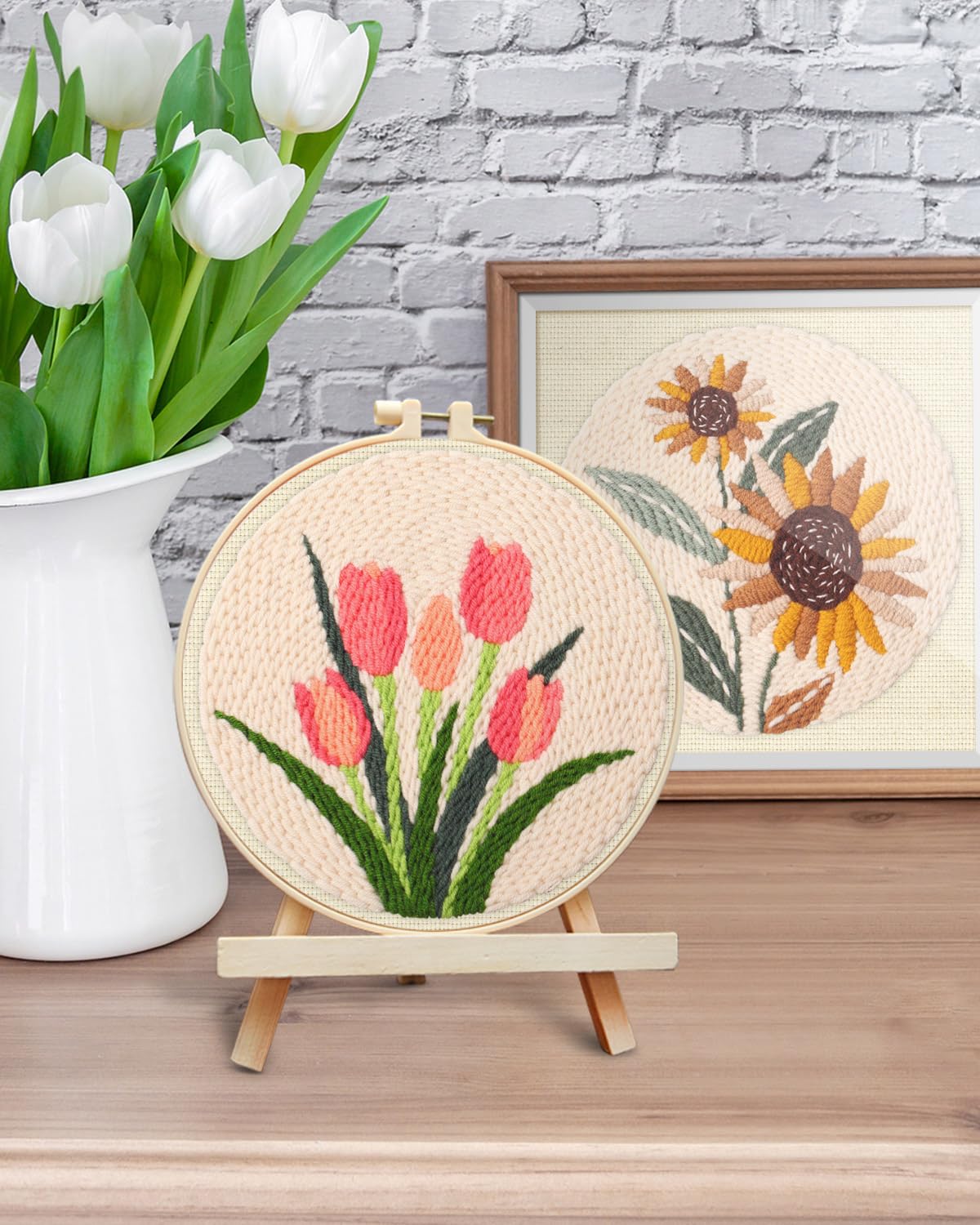 ERKOON Punch Needle Kit Adults Beginners, 2 Pcs DIY Easy Flower Embroidery Set for Starter Art Craft, Needling Punching Project with Patterns, Tools, Yarns, Hoop, Instruction (Sunflowers & Tulips)