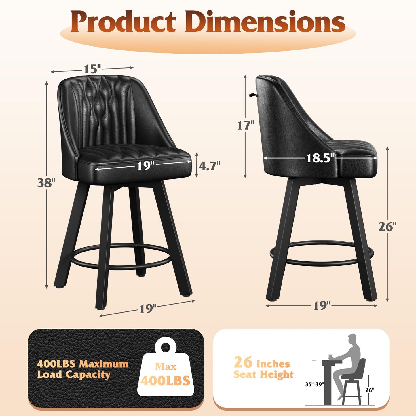 Memobarco Swivel Bar Stools with Backs, 26 Inches Counter Height Bar Stools Set of 3, PU Leather Upholstered Counter Barstools with Metal Legs and Footrest for Kitchen Island, Home Bar, Black