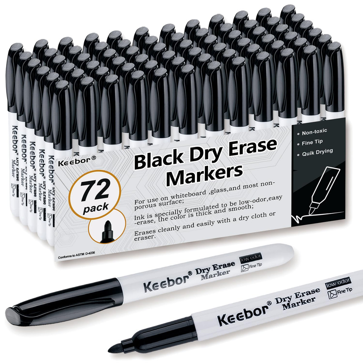 Keebor Fine Tip Dry Erase Markers - Bold Black, Long-Lasting ink, Low-Odor - 72 Pack Whiteboard Markers Bulk for Home, Office, Back to School Supplies