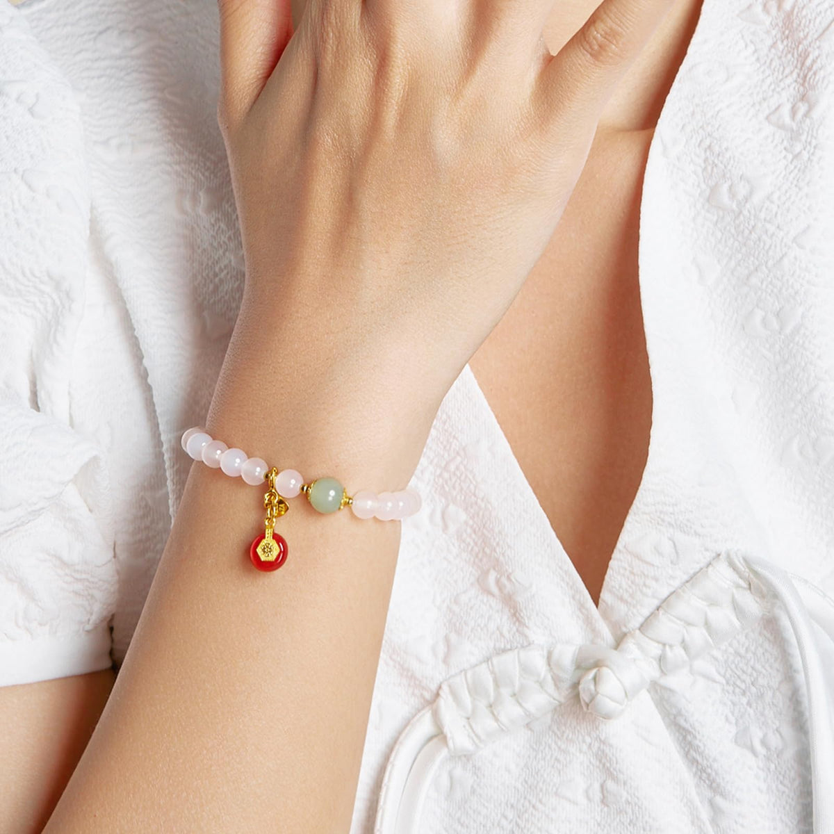 ZHOU LIU FU Bracelet for Women Green White Gemstone Red Chalcedony Stone Beaded Stretch Bracelets Lucky Accessory