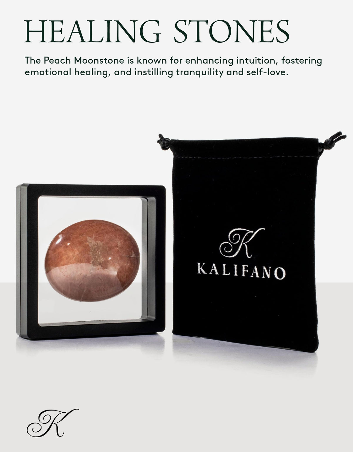KALIFANO Sunstone Peach Moonstone Palm Stone with Healing & Calming Effects - AAA+ High Energy Piedra de Luna Melocotón Reiki Worry Crystal Used for Emotional Healing (Information Card Included)