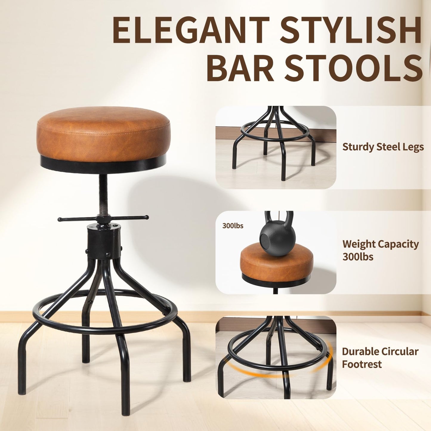 Adjustable Height Bar Stools Set of 3, Swivel Modern Industrial Barstools, Upholstered PU Leather Bar Chairs, Counter Height Stools 22-28 Inch for Kitchen Island, Dining Room (MY-D017-Brown-3)