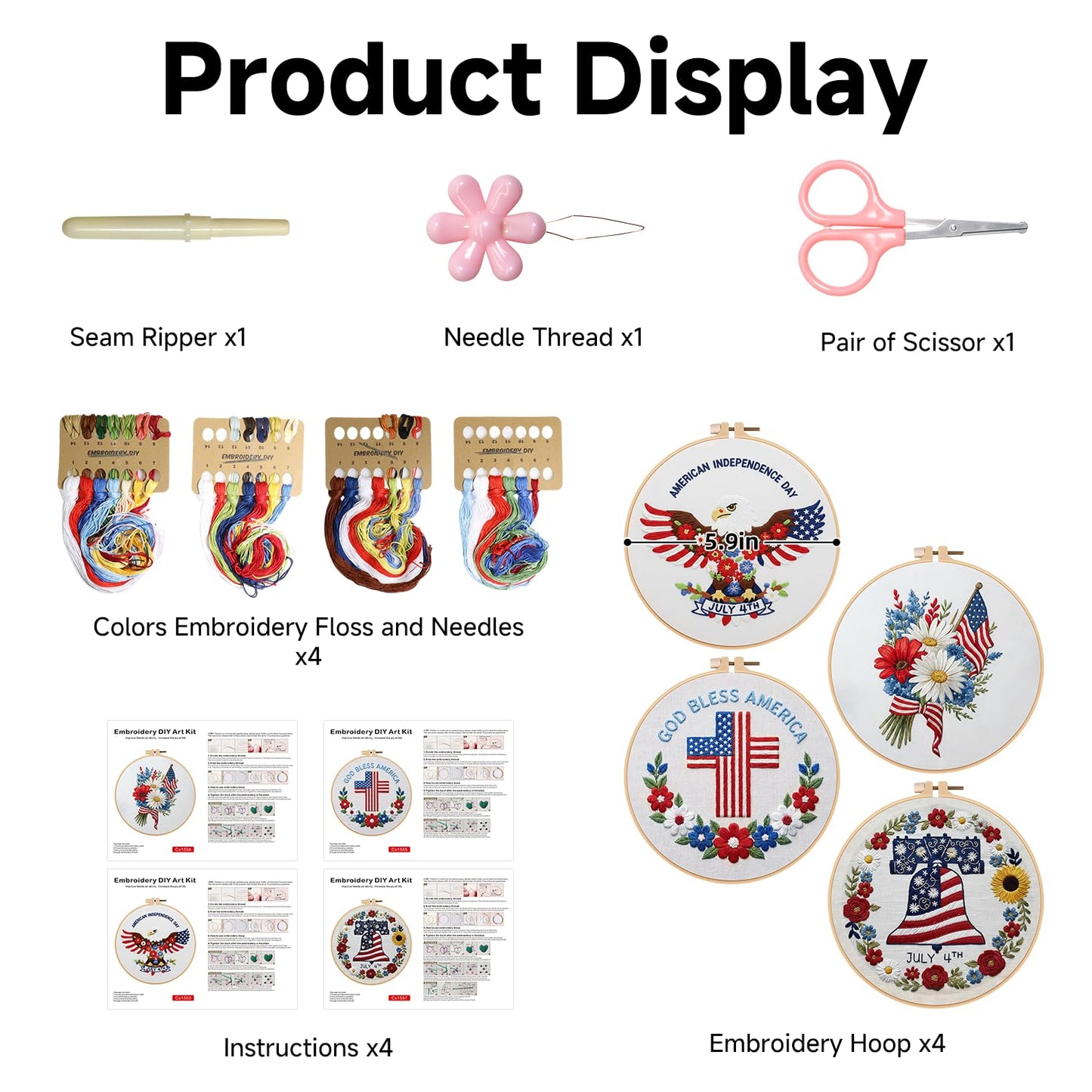 BBLYBD 4th of July Embroidery Kit, 4 Set Patriotic Cross Stitch Craft Kits for Beginners with Pre-Printed Embroidery Fabric, Hoops, Step-by-Step Instructions, Color Threads & Needles (Red White Blue)