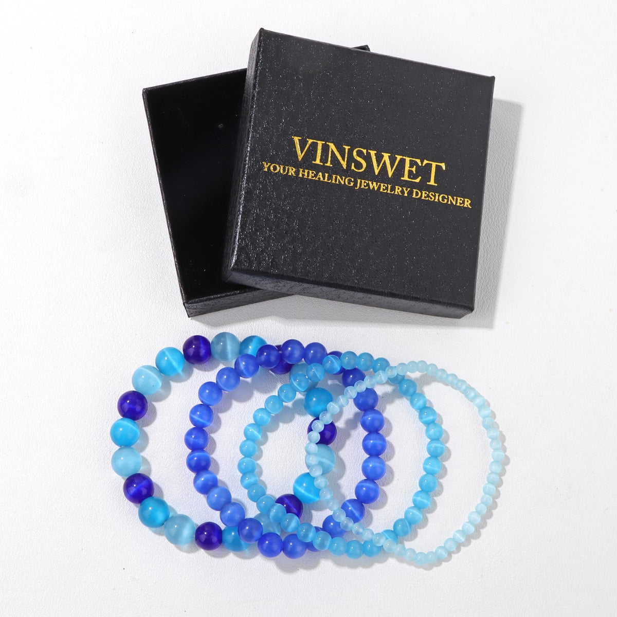 Vinswet 4pcs Natural Stone Beaded Bracelets for Women Men,Healing Crystal Gemstones Stretch Bracelet,4mm 6mm 8mm 10mm Light blue cat eyes Anxiety Stress Relief Bracelet Jewelry Gifts