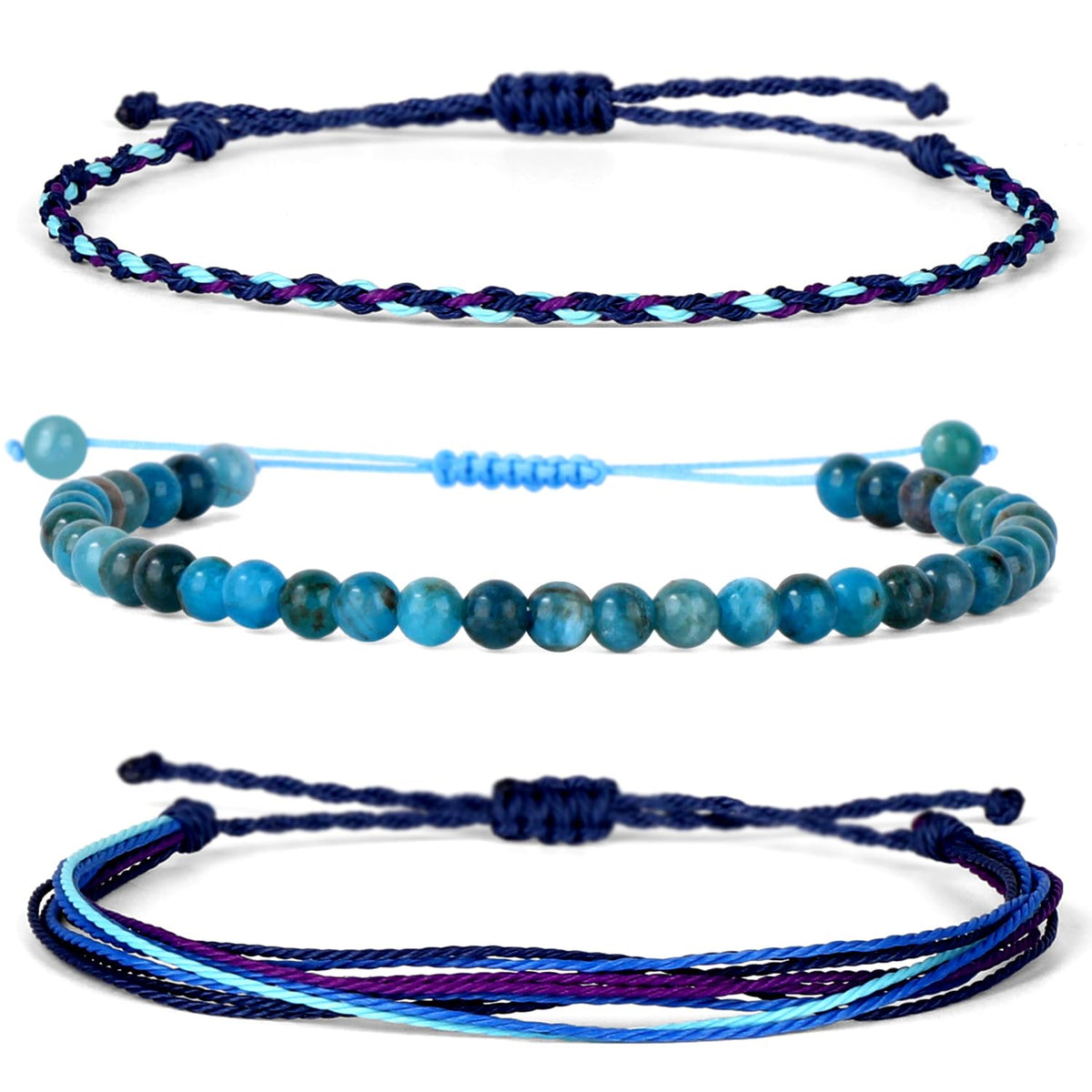 QOGIR Handmade Healing Bracelets,4mm Natural Blue Apatite Gem Stone Beads Bracelet for Men Women Gifts with 2PCS Size Adjustable Rope Bracelets