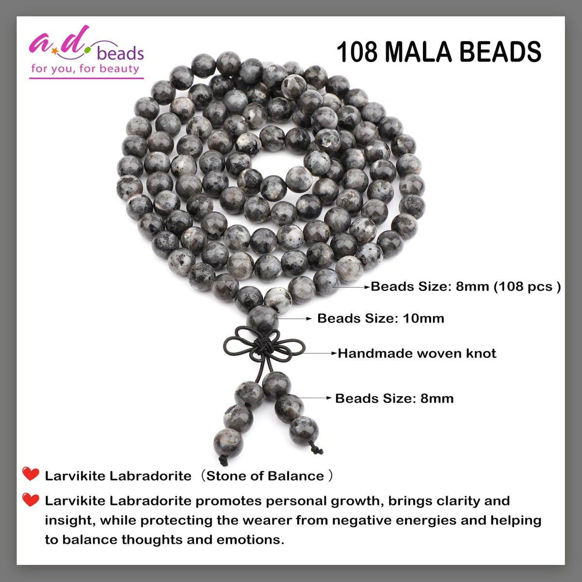 AD Beads 8mm 108 Prayer Mala Larvikite Labradorite Elastic Bracelet - Balance - Handmade Yoga Meditation Healing Power Energy Gifts for Unisex Adult.