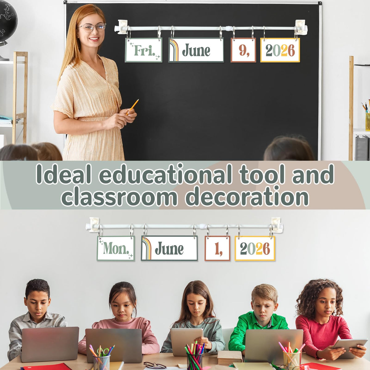 Boho Green Flip Calendar Bulletin Board Set Sage Green Calendar for Classroom Whiteboard Decor with 2026 to 2030 Years Date Cards and Adjustable Rod for Home Elementary Back to School Teacher Supplies