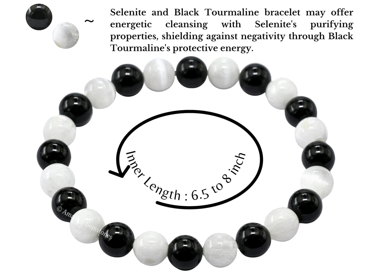 Amazing Gemstone Crystal Bracelet for Women Men's Gifts - Protection Healing Crystal Bracelet - 8mm Gemstone Beaded Stretchable Bracelet Pulseras Para Hombres Mujer Stocking Stuffers Mothers Day Gift (Black Tourmaline Selenite)