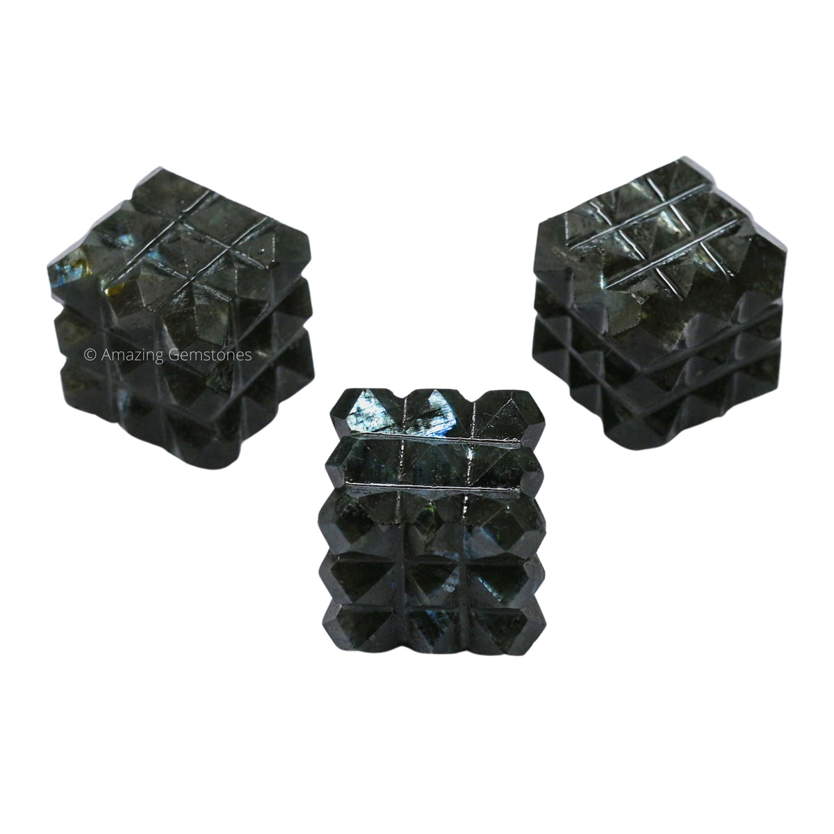 Amazing Gemstone Labradorite Crystal Cube with 54 Pyramid - 1" Mini Lemurian Pyramid Cube Figurine of Natural Stone Pyramid for Meditation, Reiki, Chakra Balancing Vastu Pooja and Crystal Grids