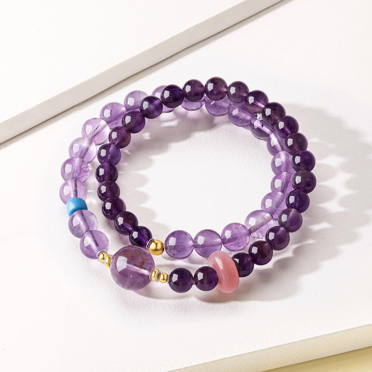 ZHOU LIU FU Sterling Silver Beaded Bracelets Natural Lucky Purple Gemstone Stretch Bracelet Circular Agate Beads Dainty Jewelry for Women Mom Daughter Birthday Anniversary 13.4"/34CM J1922133