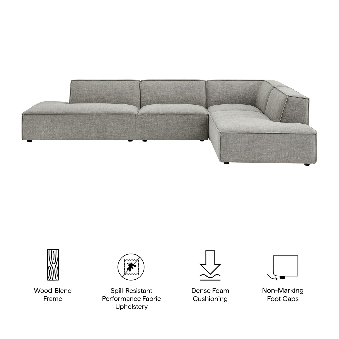 Modway Restore Performance Fabric Upholstered 4-Piece Modular L-Shaped Armless Sectional Sofa in Pewter – Low Profile Couch with Coil Seat Support and French Piping