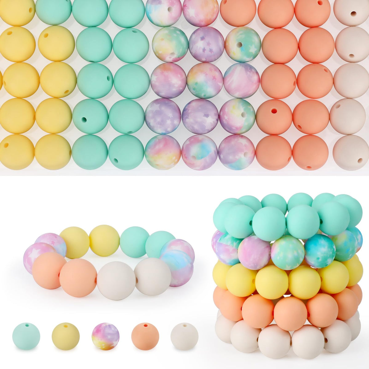 SALUOKE 100 Pcs 15mm Silicone Beads for Keychain Making, Pink Gream Silicone Beads Bulk Round for Bracelets Pens Crafts Jewelry Making (Orange Yellow)