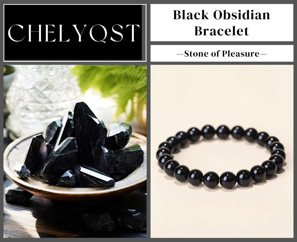 CHELYQST Black Obsidian Bracelet - Stone of Pleasure,Stretch Natural Stone Crystal Beads Jewelry Gifts for Women Men Unisex Adult,8mm