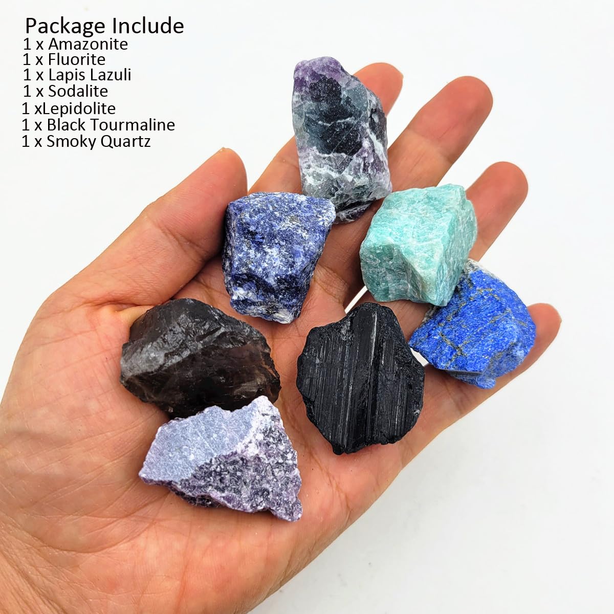 7Pcs Energy Crystals for Home Protection Raw Crystals Set of Smoky Quartz,Fluorite,Black Tourmaline,Lepidolite,Lapis Lazuli,Sodalite,Amazonite(Crystals for Home Protection)