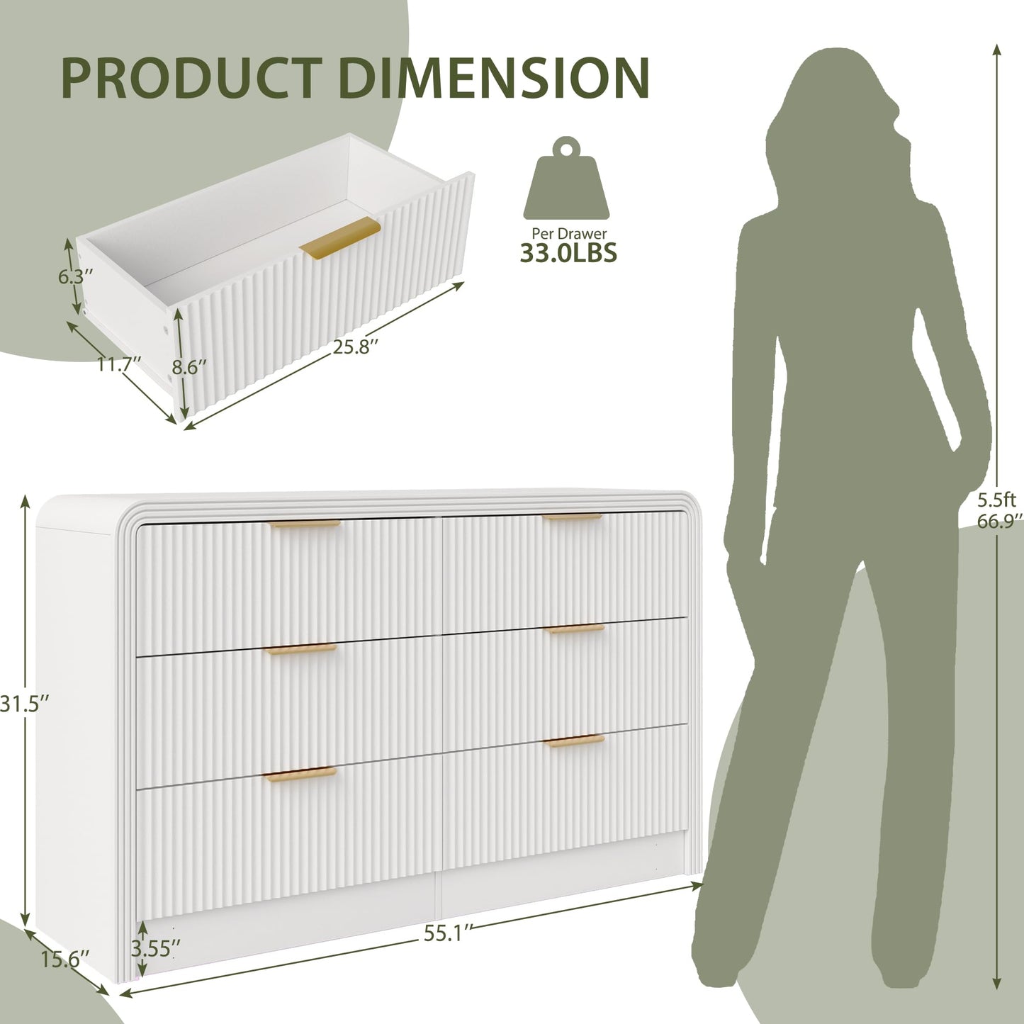 Decofy Fluted Drawers Dresser for Bedroom, Wood Dressers with Gold Handles, Modern Dressers with Wave Texture, Large Storage Chest of Drawers, Bedroom Dresser Organizer 55'' & 6 Drawers (Pure White)