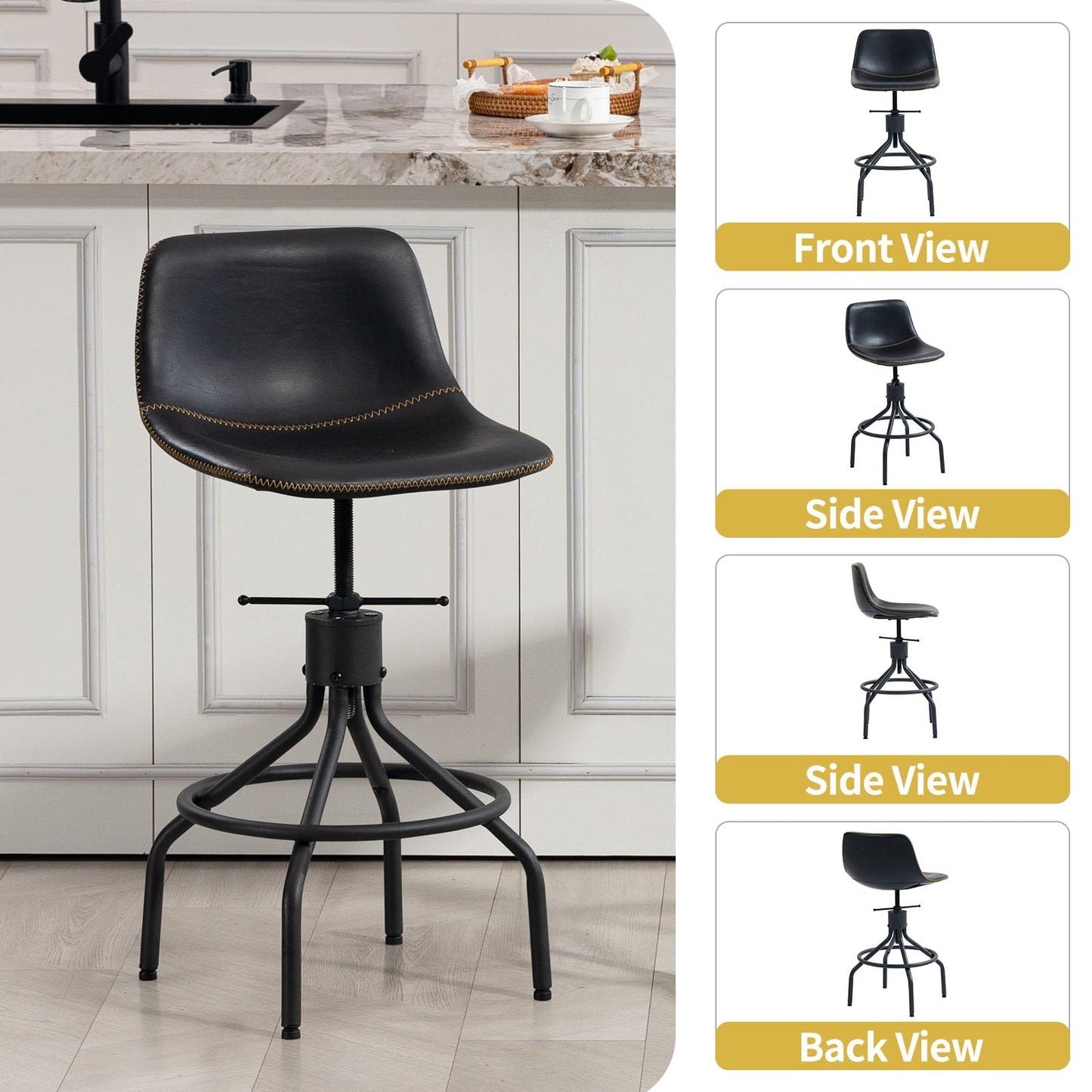 CHIDOCHILO Swivel Bar Stools Set of 3, Adjustable Industrial Kitchen Island Barstools with Back 26 Inch Faux Leather Armless Counter Height Bar Chairs for Dining Room Home Bar D087-Black-3