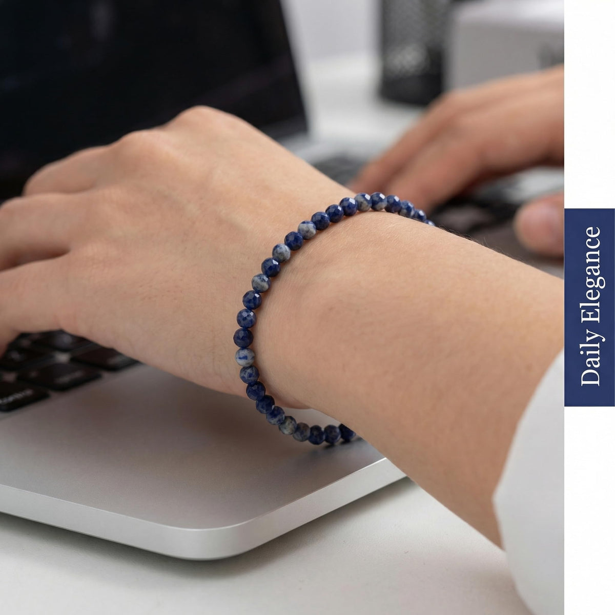 Angelstones Natural Blue Sodalite Gemstone Small Beaded Stretch Bracelet, 4mm Faceted Round Beads, Crystal Healing Bracelet for Women