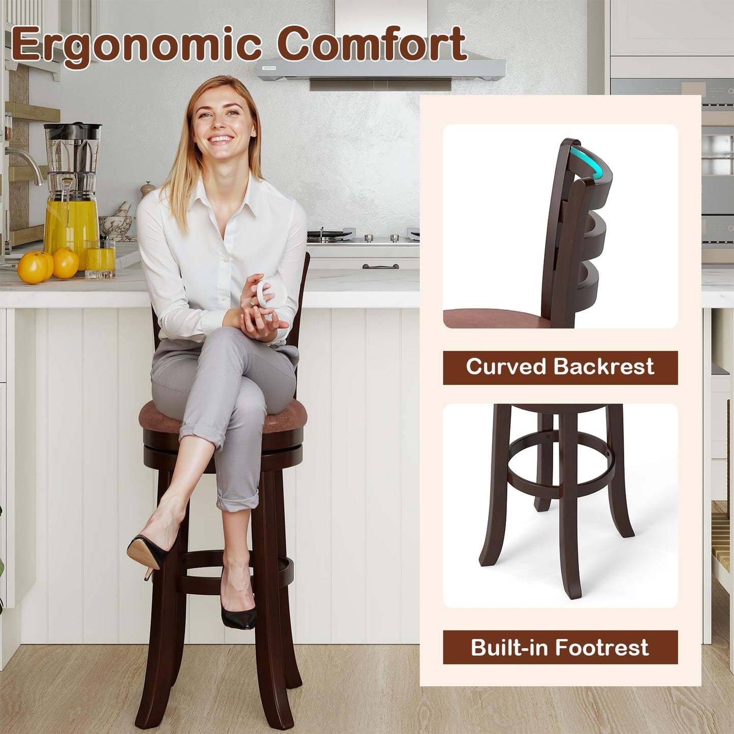 Giantex Swivel Bar Stools Set of 4, 30" Upholstered Counter Height Bar Chairs w/High Backrest, Faux Leather Seat, Solid Rubber Frame & Wrap-Around Footrest, Wooden Barstools for Kitchen Island, Pub