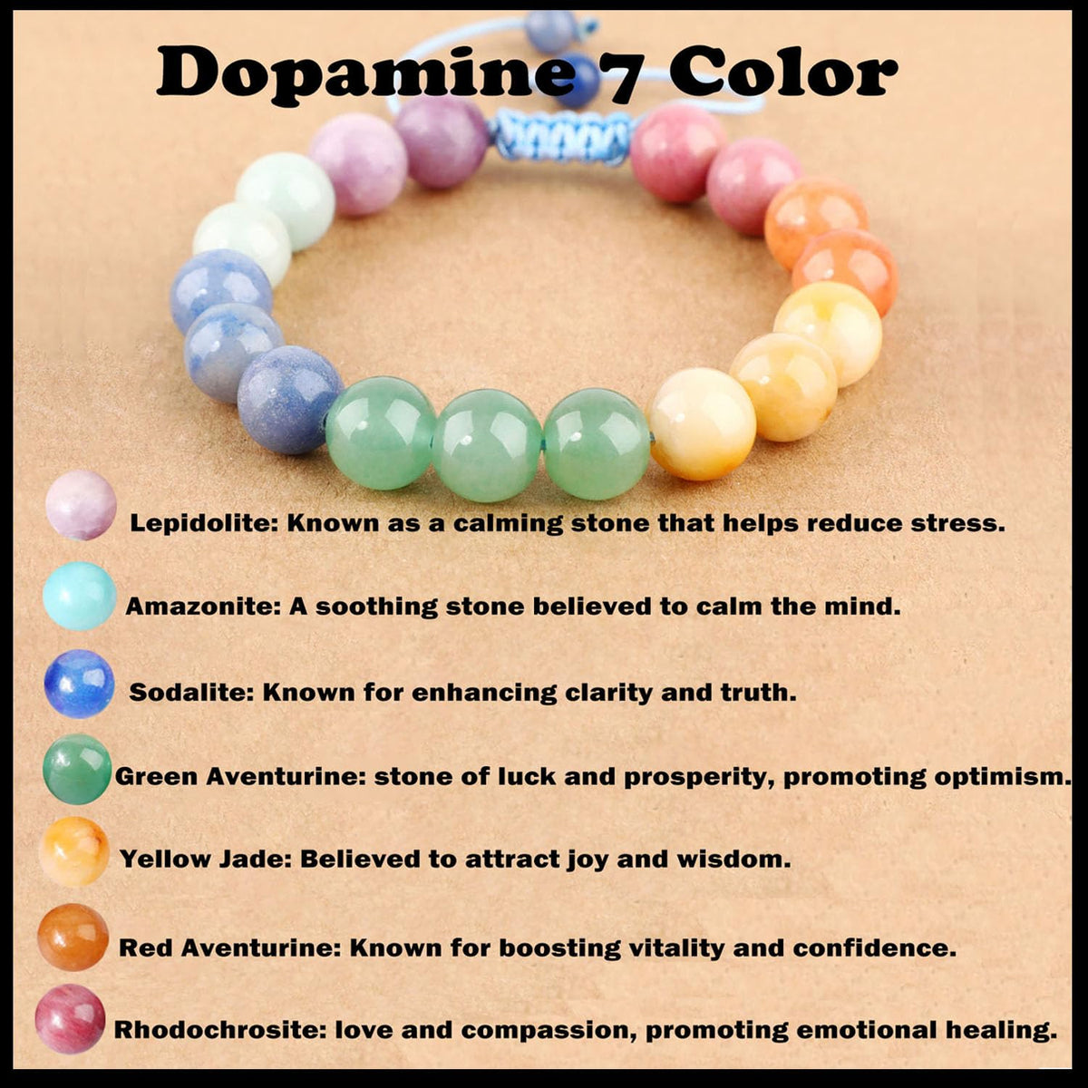 AD Beads 6mm Dopamine 7 Color - Happiness and Joy - Handmade Natural Stone Crystal Bracelet with Adjustable Macrame String - Yoga Healing Power Energy Gifts for Men and Women