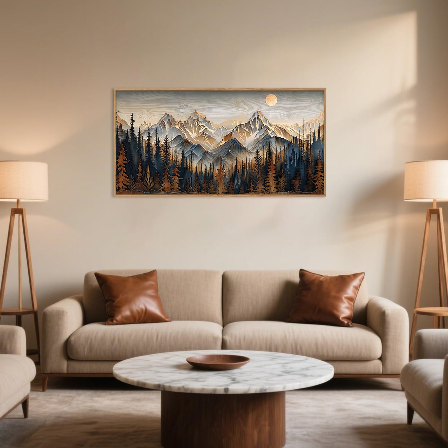 Celestdeco Mountain Wood Framed Canvas Wall Art Set,Rustic Pine Trees Wall Painting,Boho Ridge Scenery Wall Decor,Natural Sun Landscape Art Print for Living Room,Bedroom,Dining Room,Office-20 x40 x1