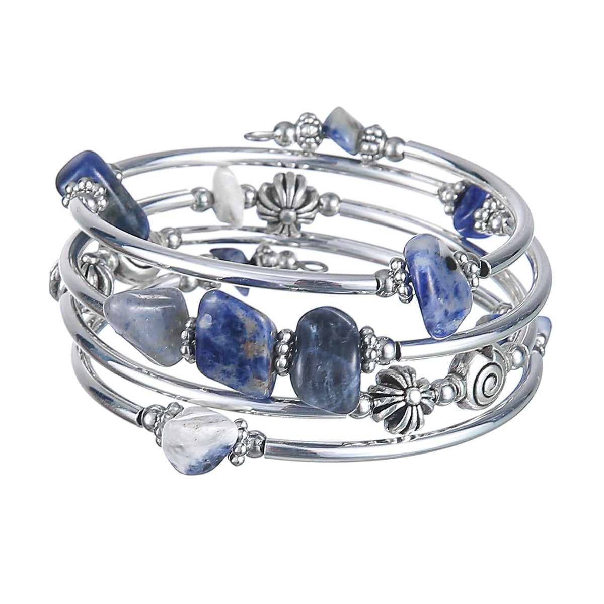 FULU AUTUMN Stone Silver Bangle Wrap Bracelet Boho Turquoise Crystal Chips Bead Bracelets Fashion Jewelry Birthday Gifts for Women(19-Blue)