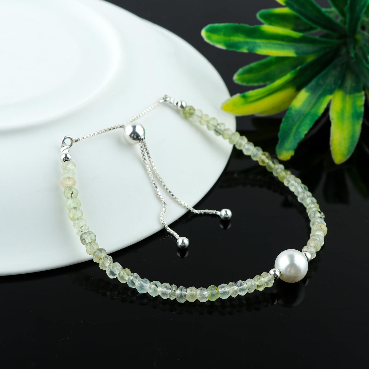 CRYSTALINES Natural Prehnite Gemstone Bolo Bracelet & Pearl, Faceted Beads Stones, Handmade Boho Hypoallergenic Jewelry, Healing Crystals, Silver Adjustable Chain 6+4inch, Minimalist Trendy Gifts