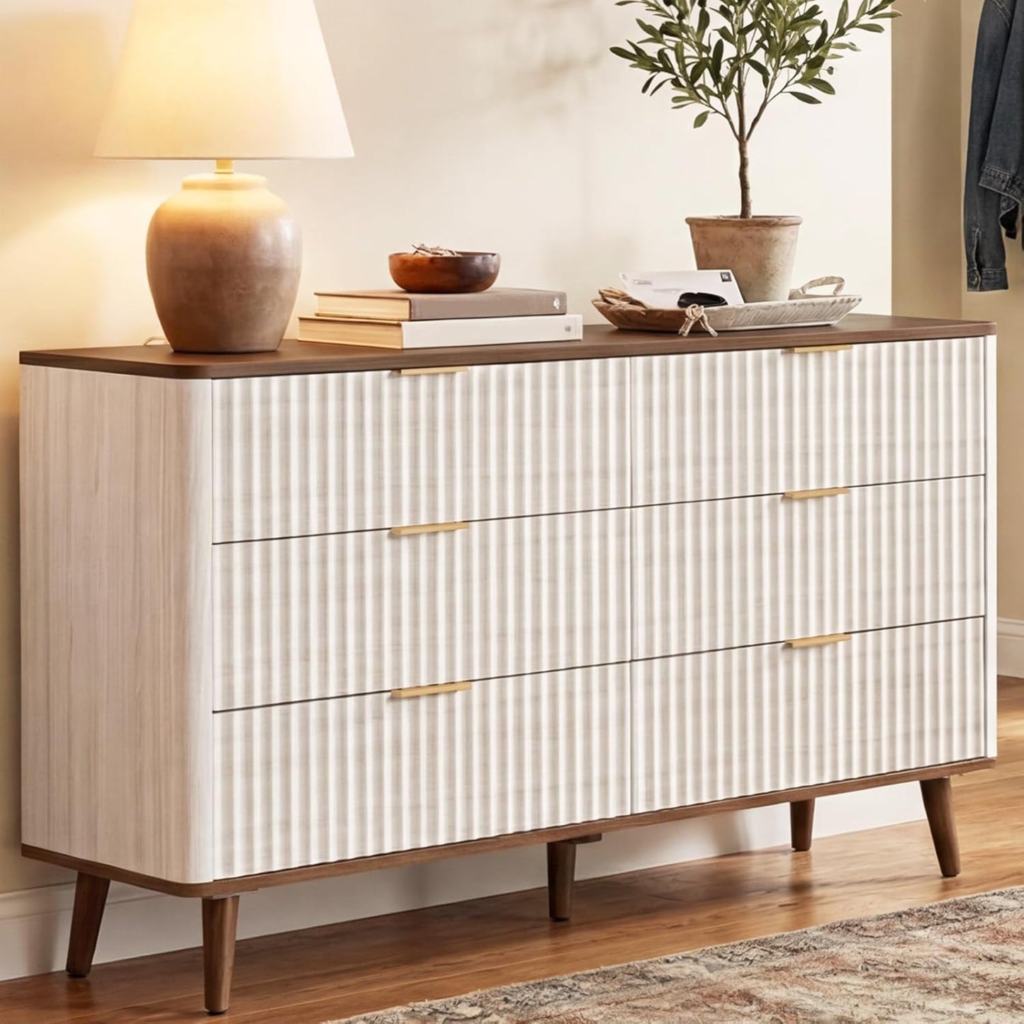 Mapleyard Fluted 6 Drawers Dresser, 47" Wide Wooden Chest of Drawers, Modern Mid Century Storage Closet Long Large Dresser for Bedroom, Living Room,Hallway, Entryway, Nursery Room, Beige + Walnut