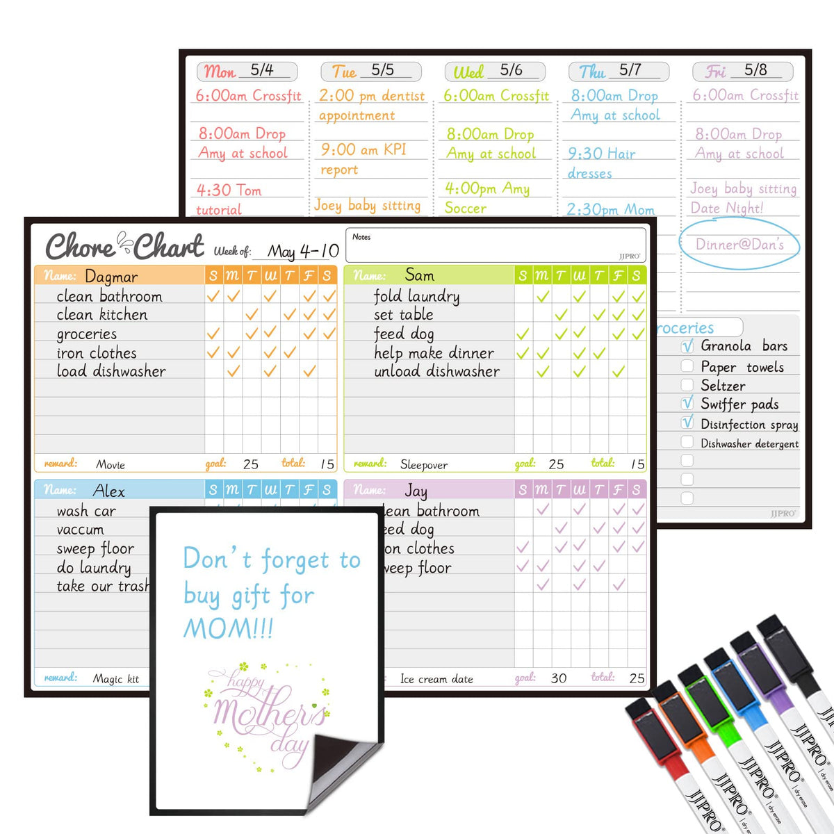 JJPRO Magnetic Dry Erase Chore Chart and Weekly Calendar Set for Fridge-Chore Chart for Multiple Kids,Weekly Planner Board,Family Chore Board for Multiple Kids&Adults,Bonus to-do Whiteboard