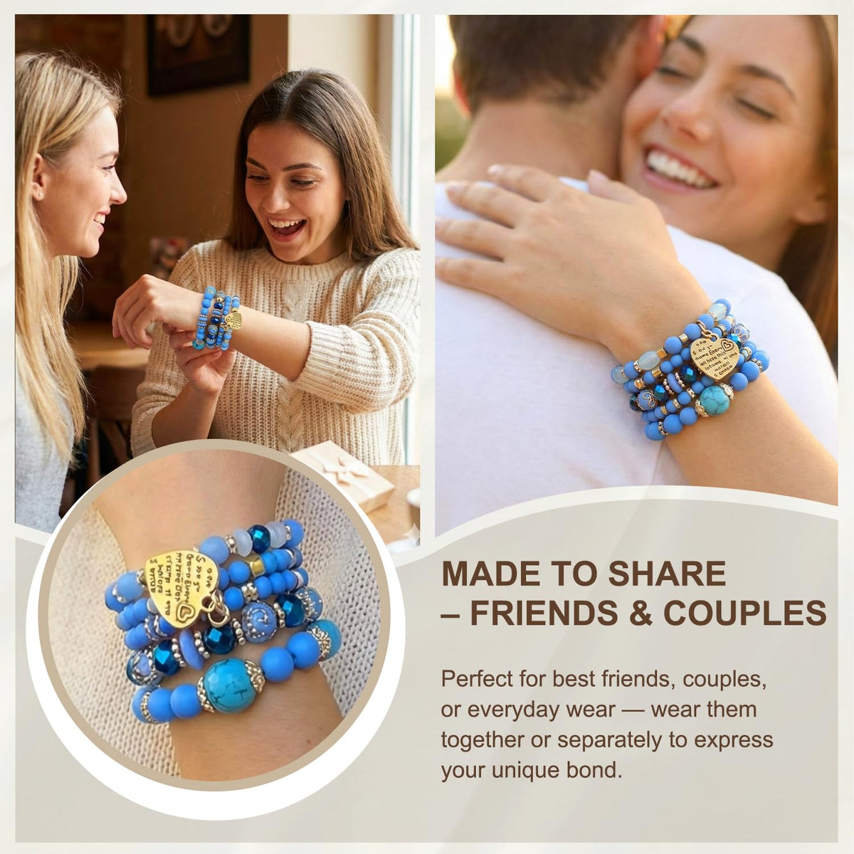 Ysenchan Bohemian Bracelet Set for Women, 4 Pcs Beaded Stackable Bracelets with Heart Charm, Stretch Bracelets, Boho Jewelry Gift – [Blue]