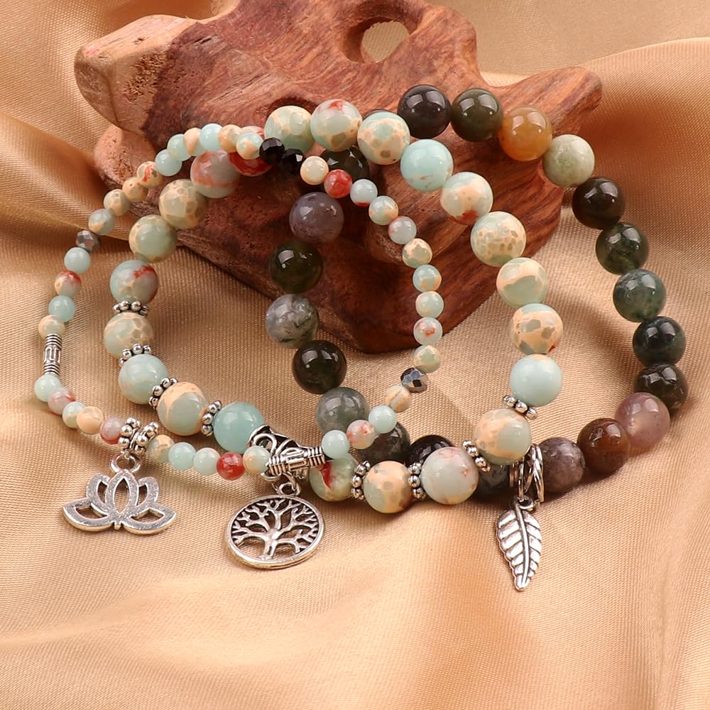 UEUC Tree of Life Yoga Healing Stone Bracelets,Multilayer Lotus Chakra Stone Reiki Bracelet Sets,Anxiety Crystal Natural Stone,for Women Stress Relief(#149)