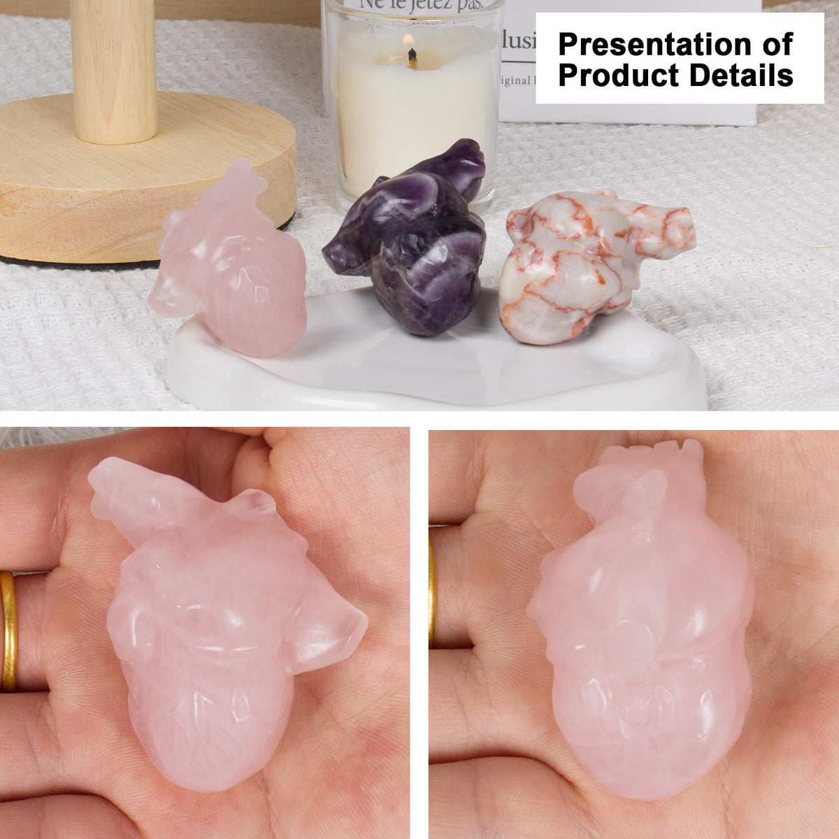 Rose Quartz Crystal Heart Figurines, 2.1 Inch Crystal Heart Love Statue for Home Decor, Meditation and Stress Relief, Hand Carved Natural Healing Stone Cardiac Sculpture Spiritual Gift for Women