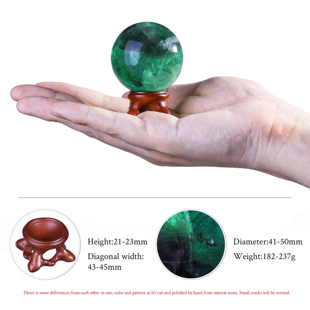 TUMBEELLUWA Fluorite Crystal Ball with Stand for Fortune Teller Witchcraft Divination, Decorative Gemstone Sphere for Home Decor, 41-50 mm