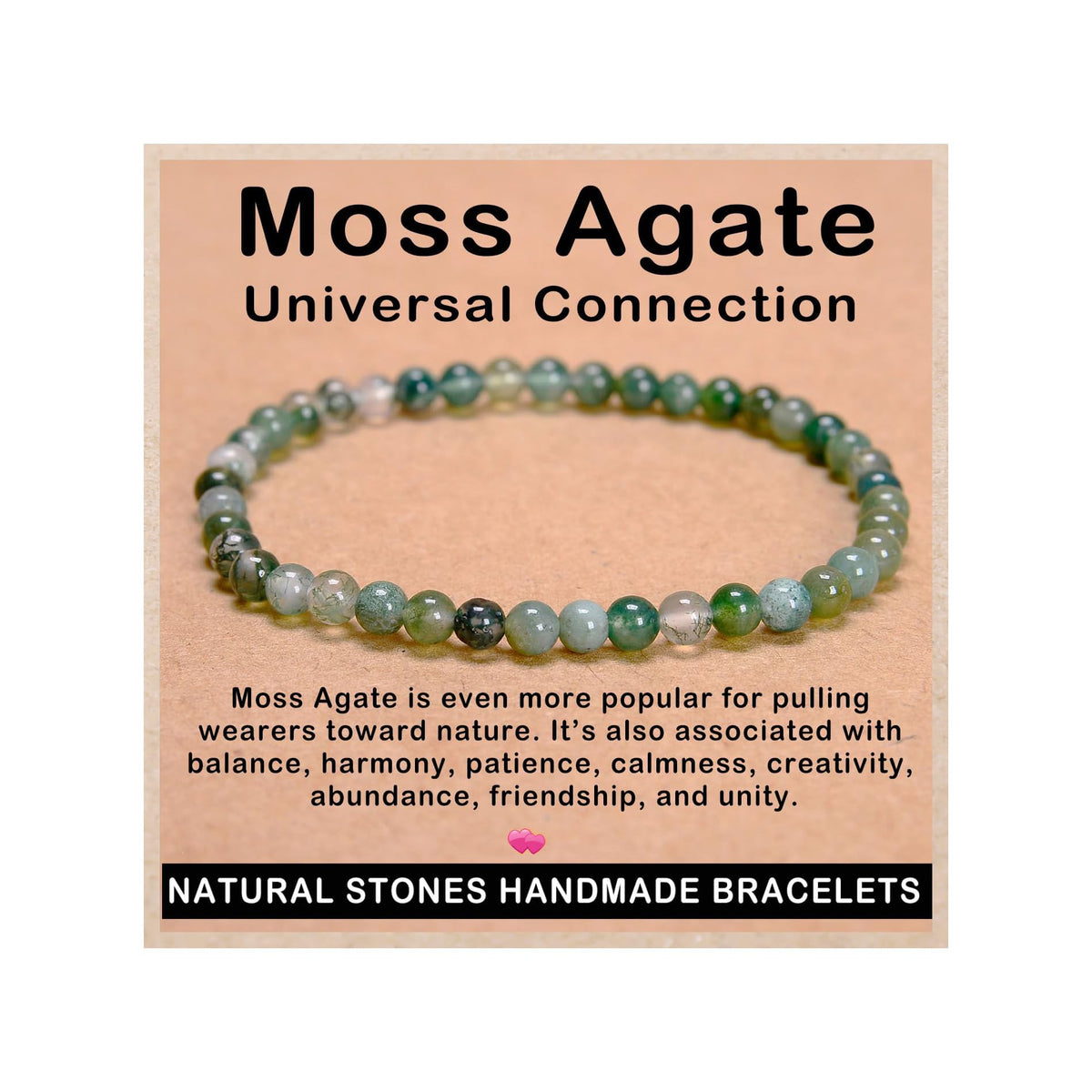AD Beads Handmade Gemstone Stretch Elastic Bracelet Crystal Healing Reiki Nature's Beauty and Spiritual Essence Unisex (4mm, Moss Agate (Universal Connection))