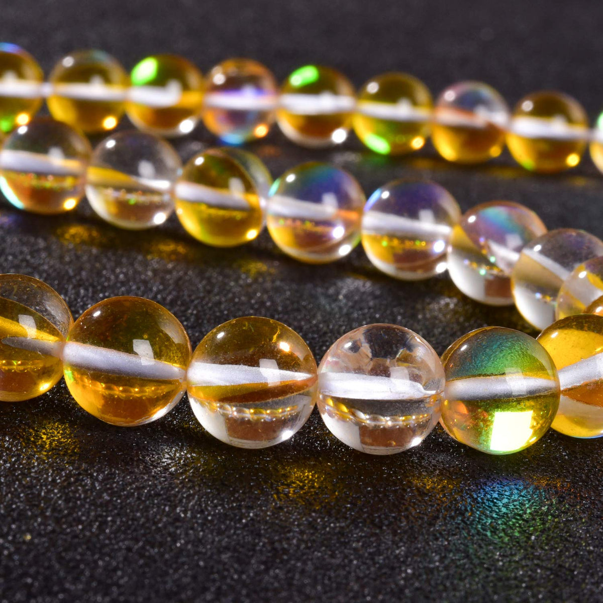 Asingeloo 38PCS 10mm Yellow Angel Aura Beads - Round Gemstone Beads, Polished Mermaid Aura Moonstone, Smooth Stone Loose Beads, Crystal Quartz for DIY Jewelry Making, 1 Strand 15'