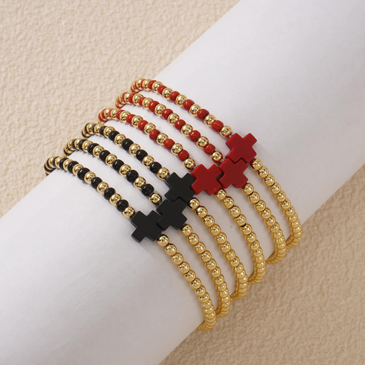 Bohxantium Gold Beaded Bracelets for Women Stackable Boho Gold Plated Red Black Seed Beads Ball Cross Bracelets Stack Elastic Stretch Trendy Jewelry Accessories Non Tarnish Friendship Christian Gift