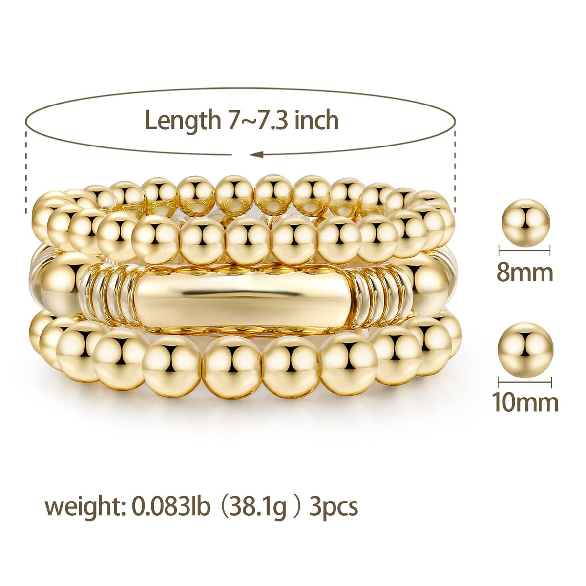 Gold Bangles Bracelet for Women Chunky Curved Stacking Plated Bead Ball Stretchable Bracelets