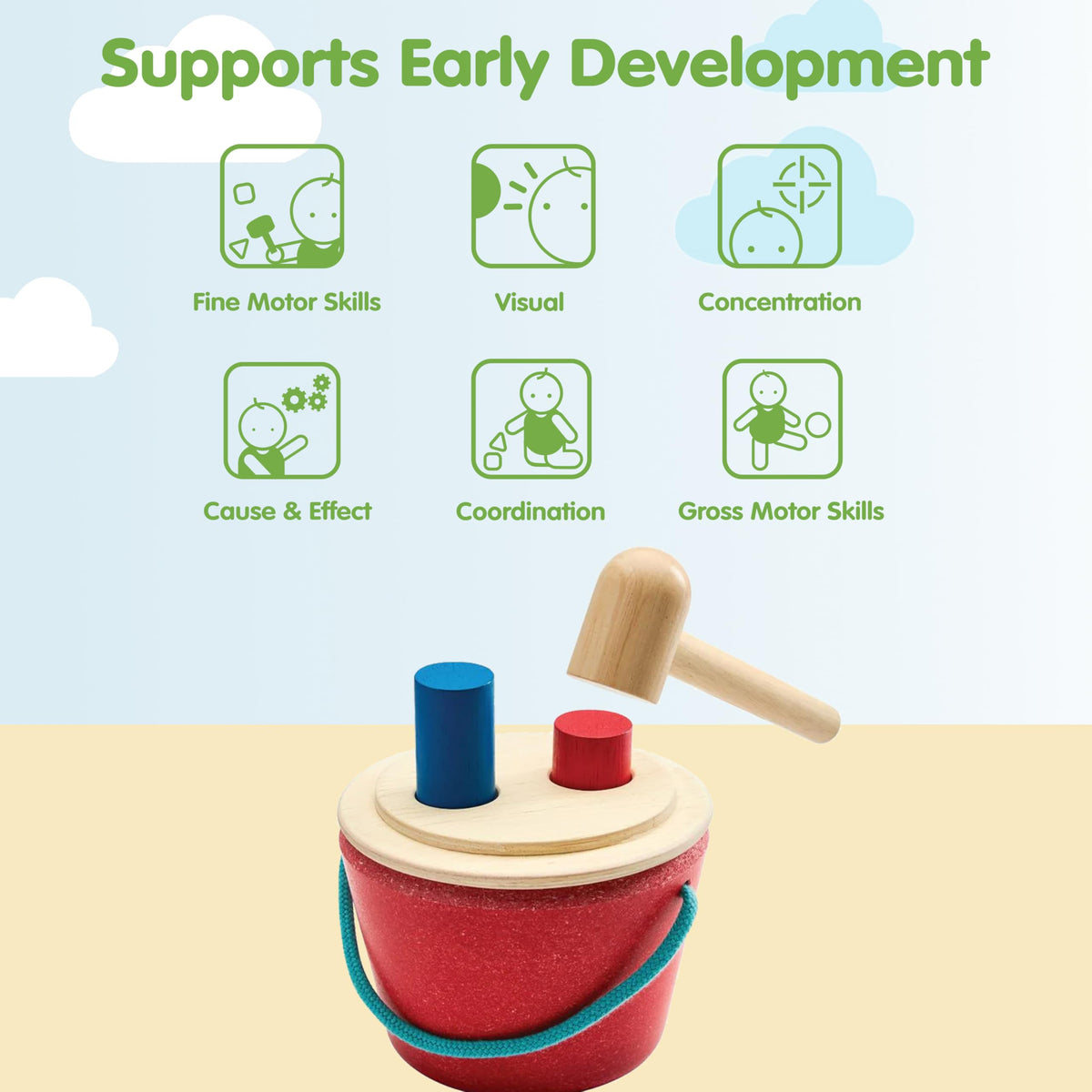 PlanToys® Hammering Peg Bucket | Montessori Wooden Hammering Toy for Toddlers 12M+ | Develops Hand-Eye Coordination, Fine Motor Skills & Problem-Solving | Includes Pegs & Hammer