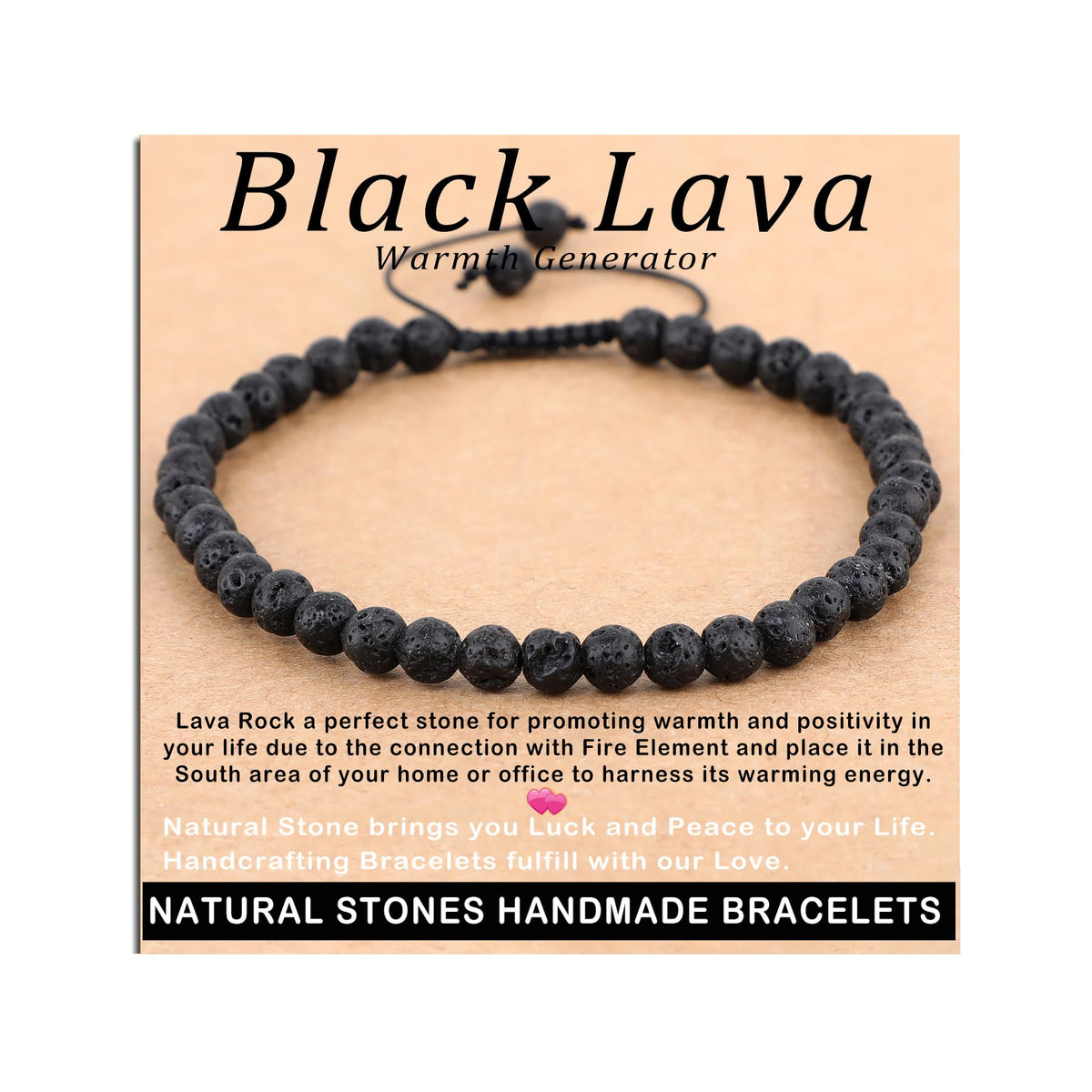 AD Beads 4mm Black Lava - Warmth Generator - Handmade Natural Stone Crystal Bracelet with Adjustable Macrame String - Yoga Healing Power Energy Gifts for Men and Women