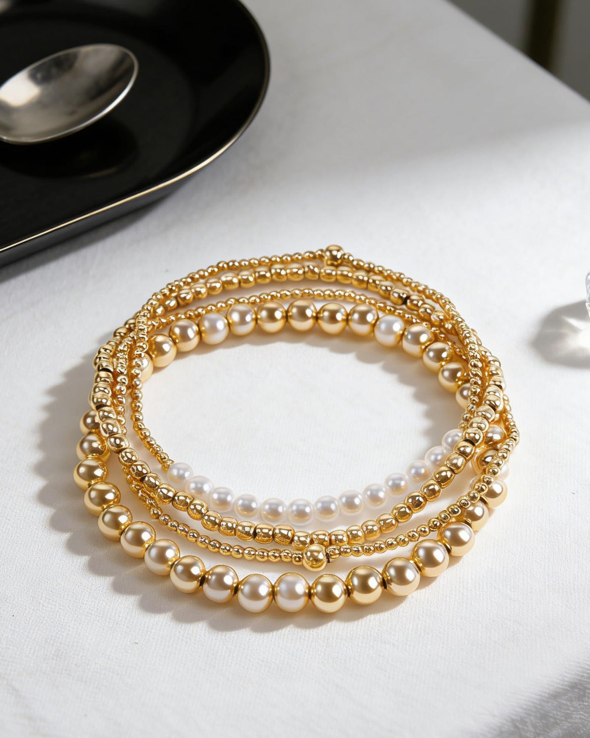 CLOORDE 4 Pcs Gold Beaded Bracelets for Women Layered 14k Gold Plated Beads Bracelets Trendy Stretch Stack Pearl Golden Beaded Brace-lets Wedding Party Prom Hand Jewelry Accessories Gifts for Her