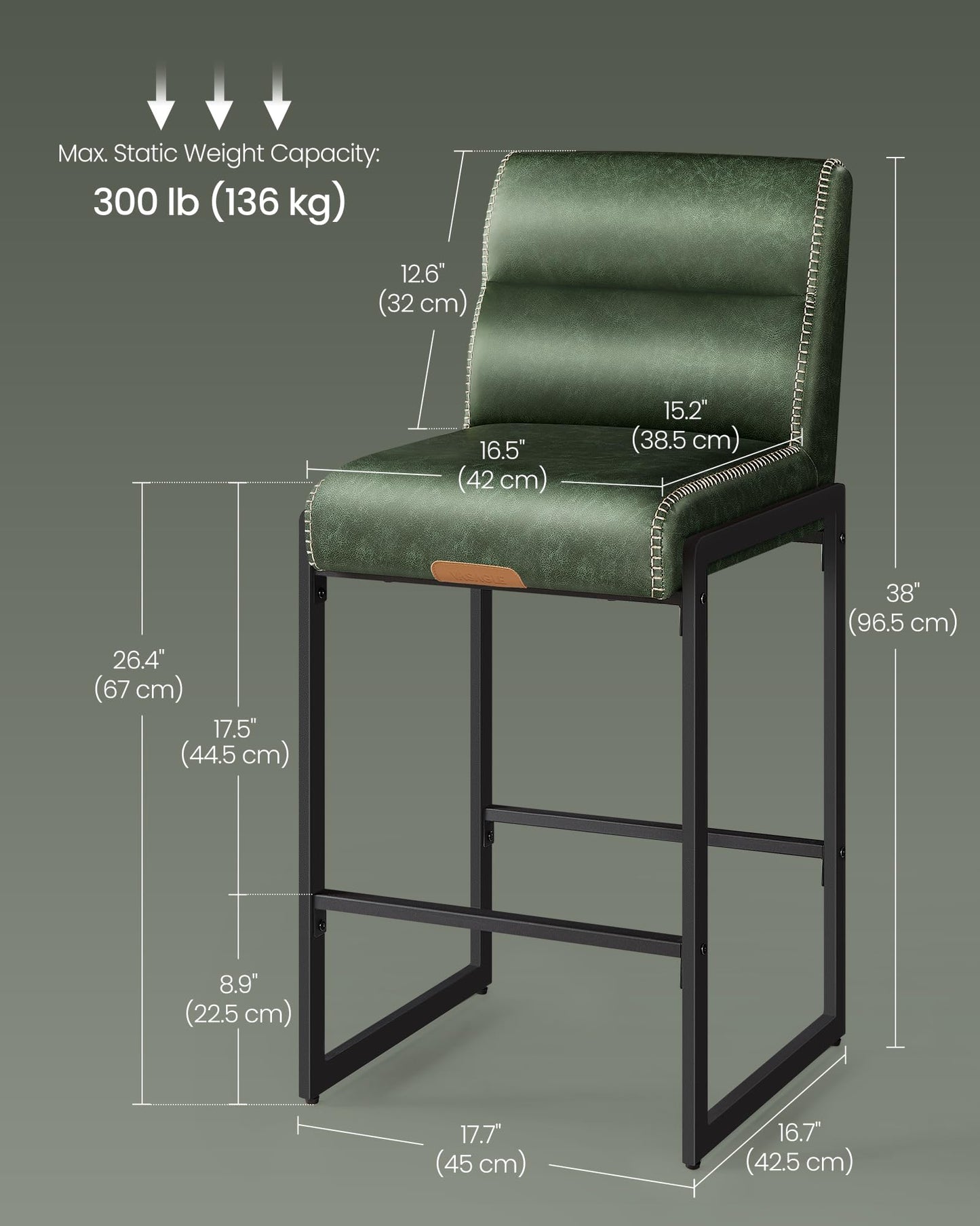VASAGLE EKHO Collection - Bar Stools Set of 4, Counter Height Stools with Backs, 26.4-Inch Barstools Chairs, Synthetic Leather with Stitching, Mid-Century Modern, Dining Kitchen Island, Forest Green