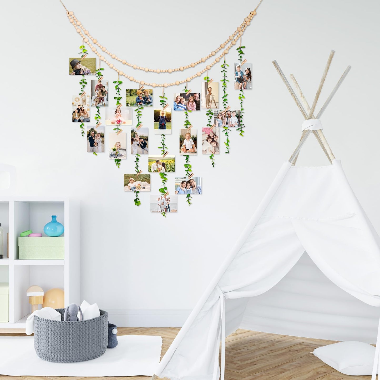 TXIN Hanging Photo Display Holder Wall Decor with Wooden Cards Clips, Boho Style Picture Frame Wood Beads Garland Artificial Eucalyptus Plant Home Decoration for Farmhouse Greenery Cubicle Bedroom