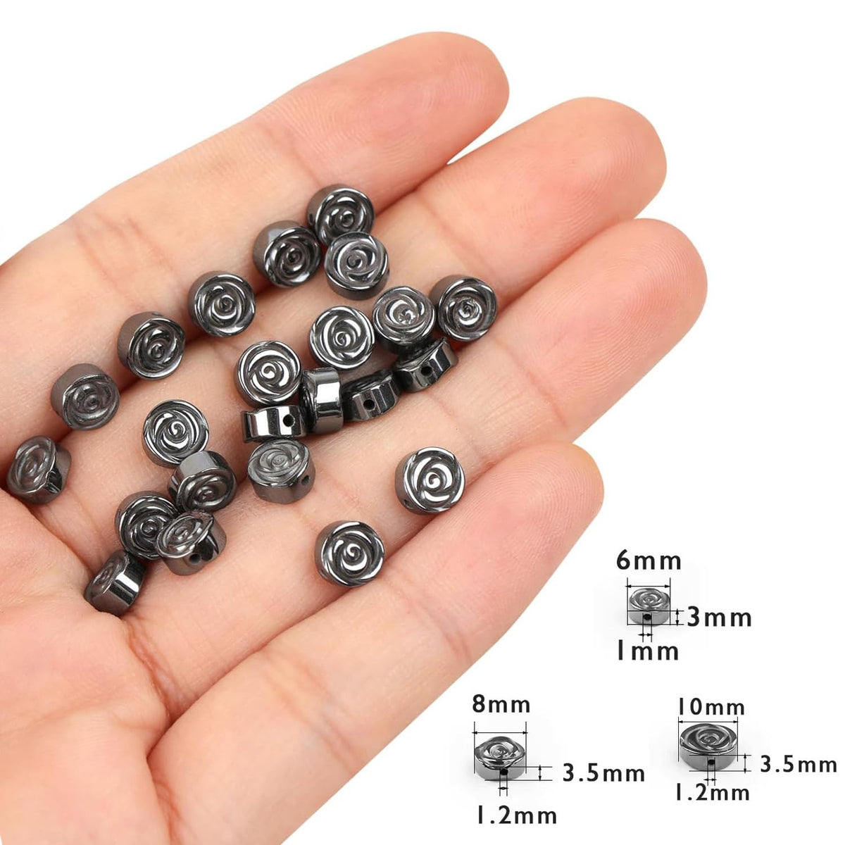 HAAMIIQII 50pcs 8mm Natural Black Hematite Loose Gemstone Beads Rose Flower Shape Spacer Stone Beads for Jewelry Making DIY Bracelets Necklaces Crafting